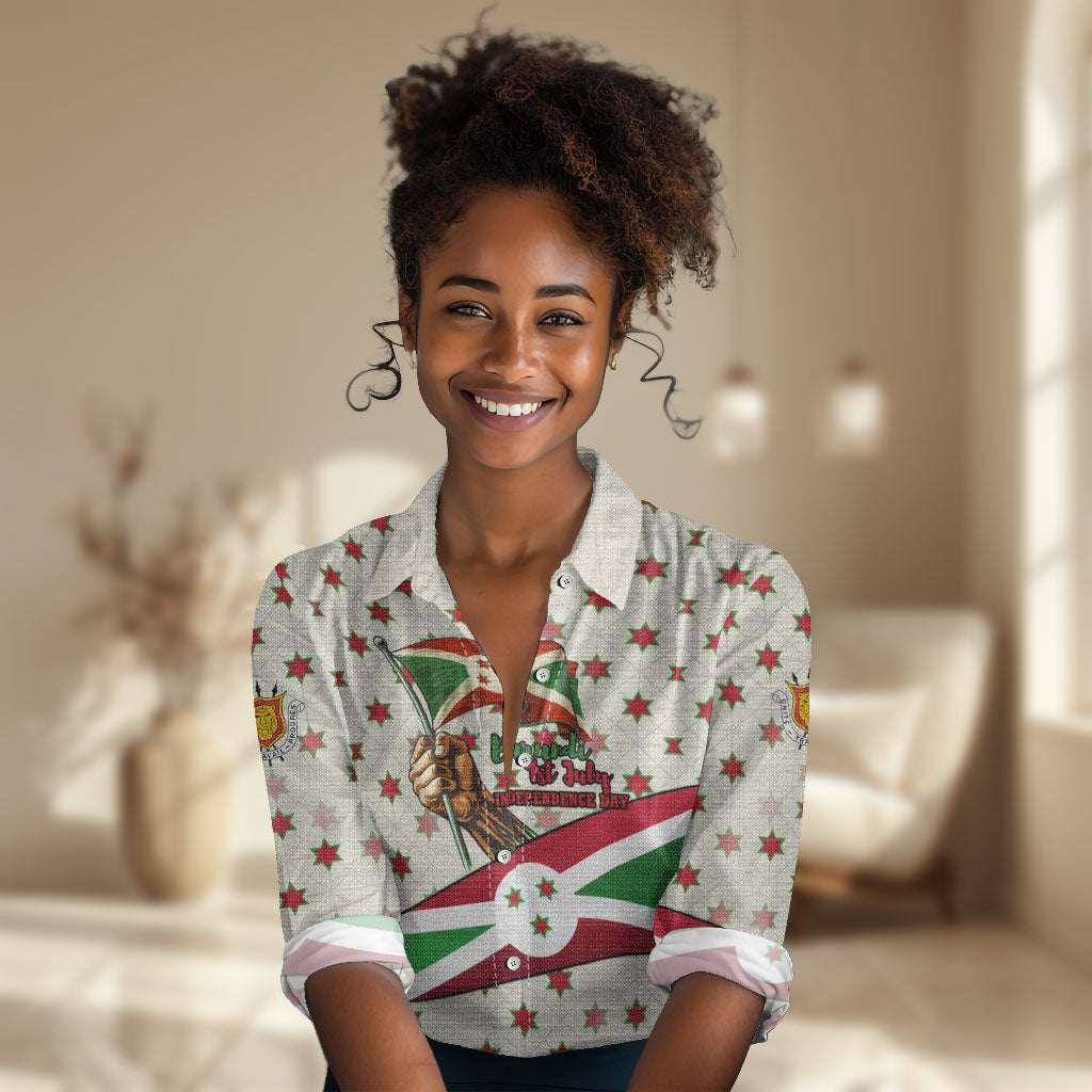 Burundi 1st July Independence Day Women Casual Shirt Patriotic Flag Portrait Art - Geometric Star Pattern