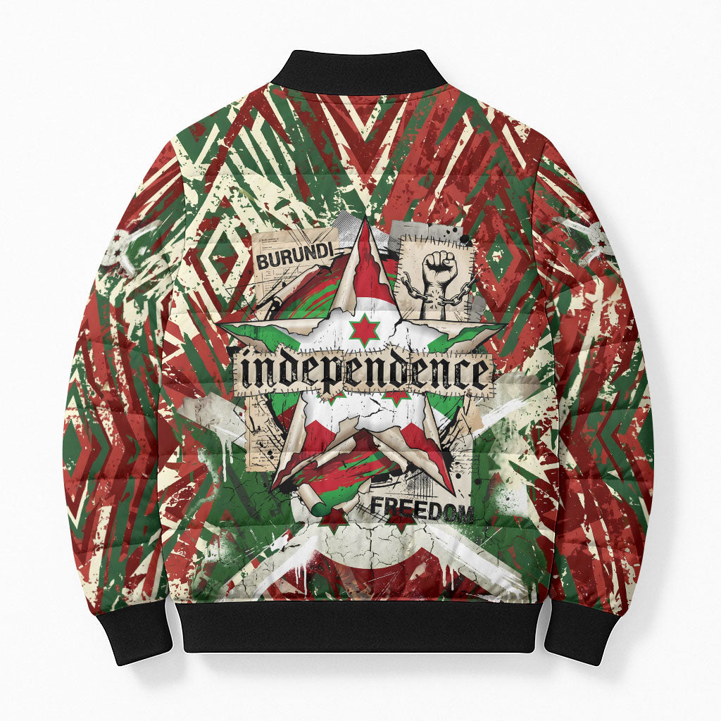 Burundi Independence Day Bomber Puffer Jacket 1st July 1962 Distressed Grunge Flag Art - Broken Chains And Freedom Star