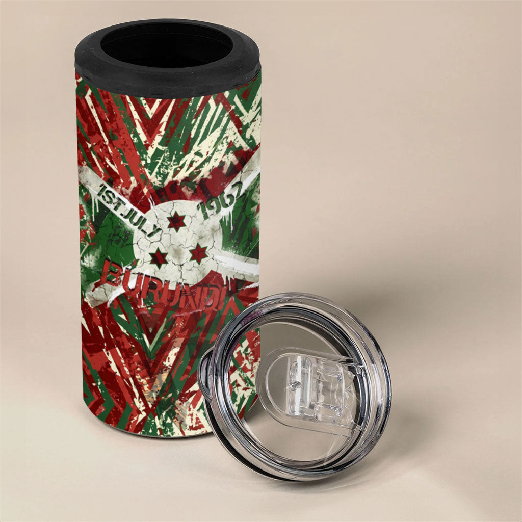 Burundi Independence Day 4 in 1 Can Cooler Tumbler 1st July 1962 Distressed Grunge Flag Art - Broken Chains And Freedom Star