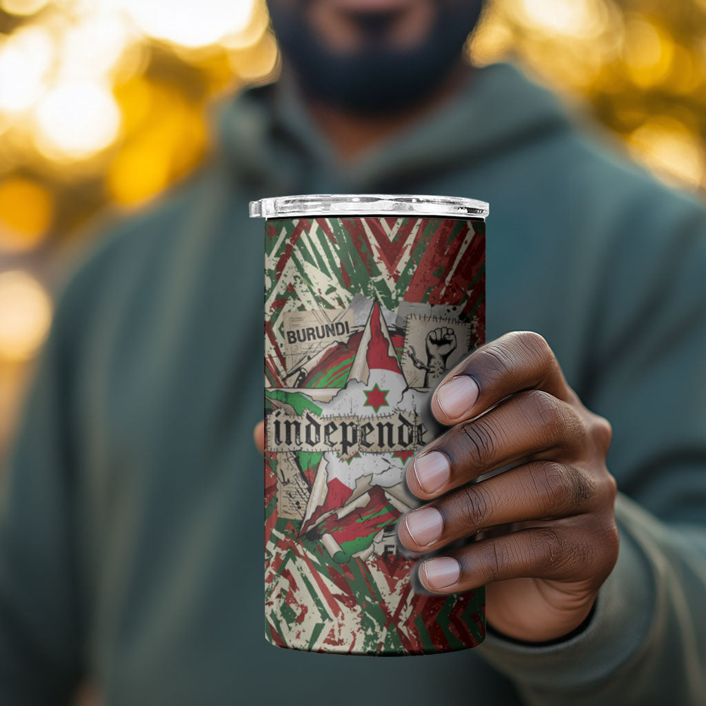 Burundi Independence Day 4 in 1 Can Cooler Tumbler 1st July 1962 Distressed Grunge Flag Art - Broken Chains And Freedom Star