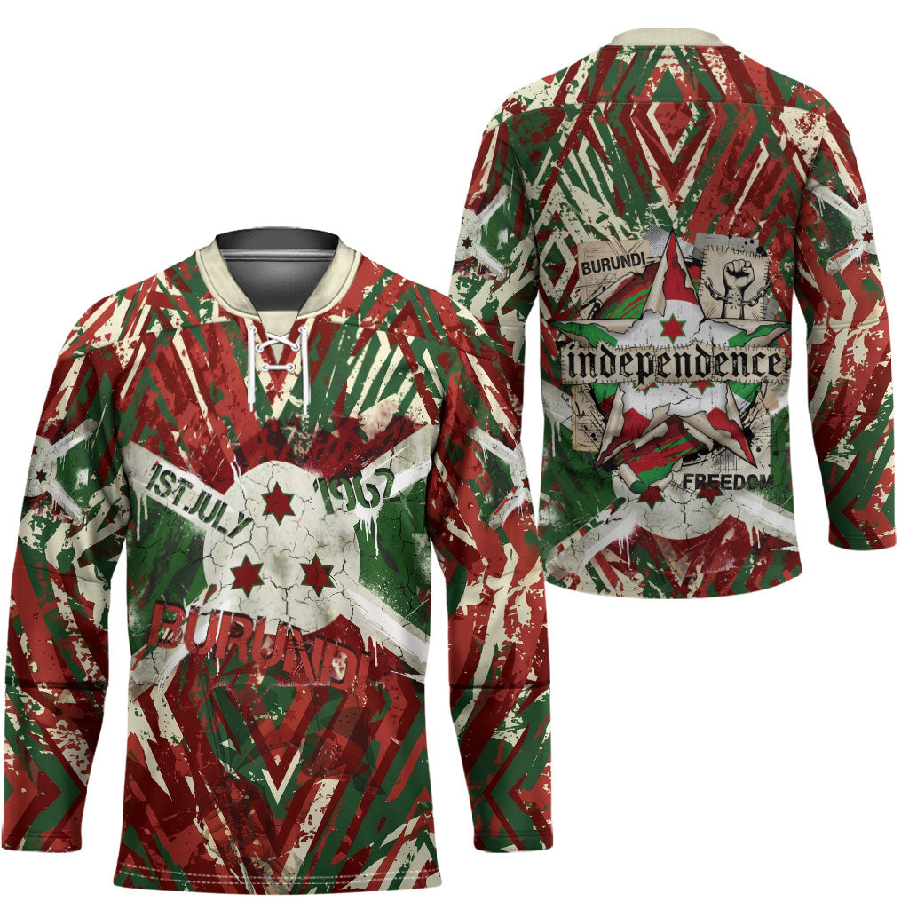 Burundi Independence Day Hockey Jersey 1st July 1962 Distressed Grunge Flag Art - Broken Chains And Freedom Star