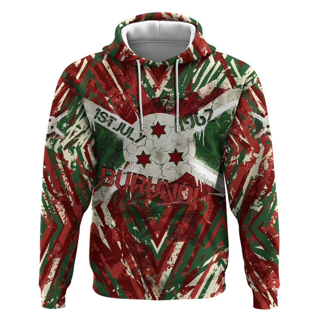 Burundi Independence Day Hoodie 1st July 1962 Distressed Grunge Flag Art - Broken Chains And Freedom Star