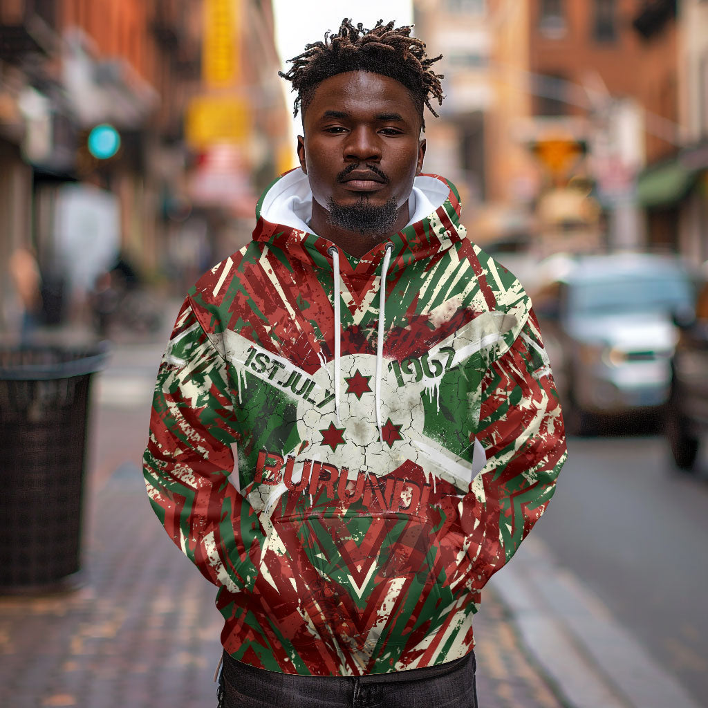 Burundi Independence Day Hoodie 1st July 1962 Distressed Grunge Flag Art - Broken Chains And Freedom Star