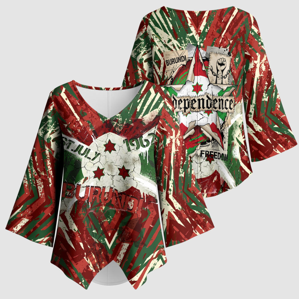 Burundi Independence Day Kimono Sleeve Blouse 1st July 1962 Distressed Grunge Flag Art - Broken Chains And Freedom Star