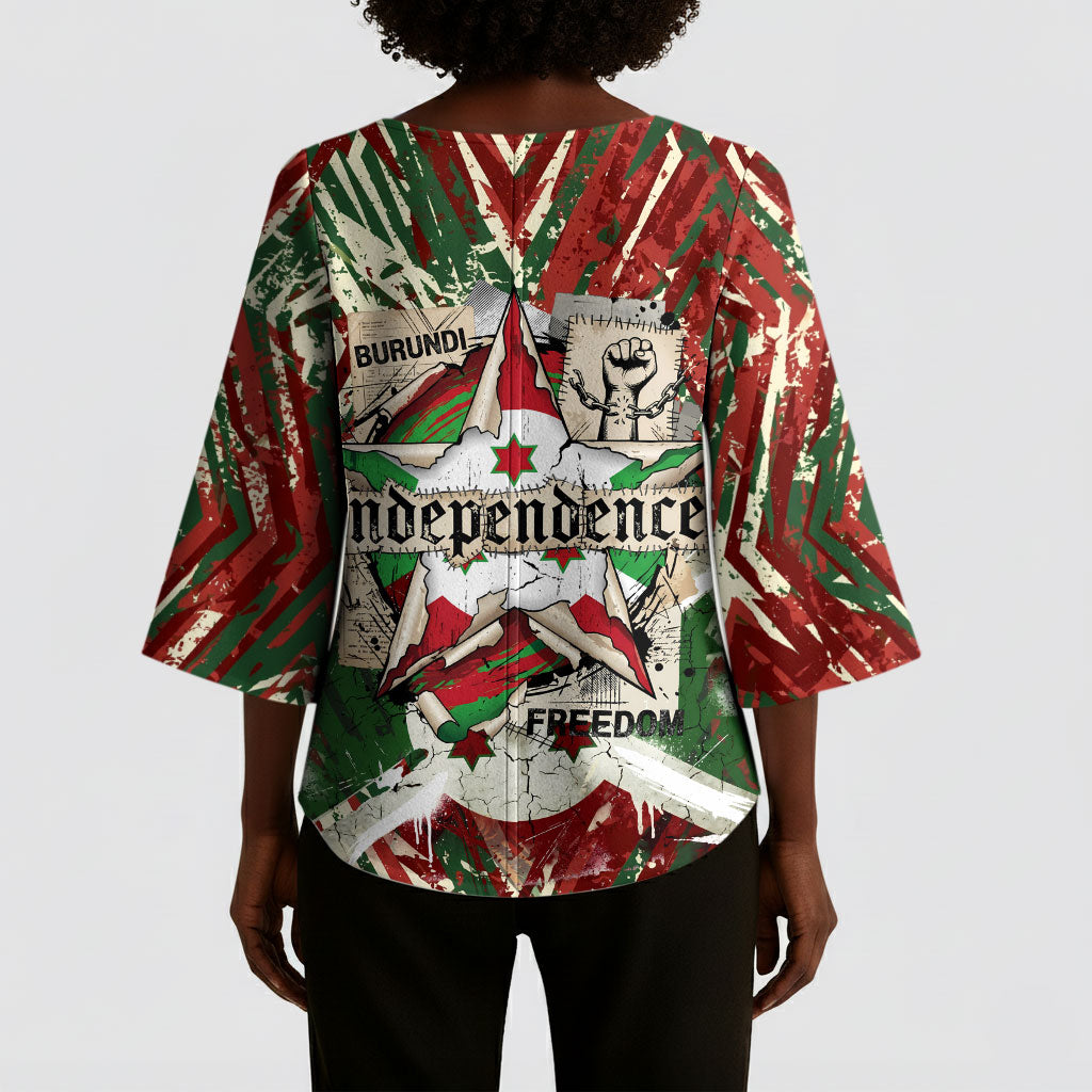 Burundi Independence Day Kimono Sleeve Blouse 1st July 1962 Distressed Grunge Flag Art - Broken Chains And Freedom Star