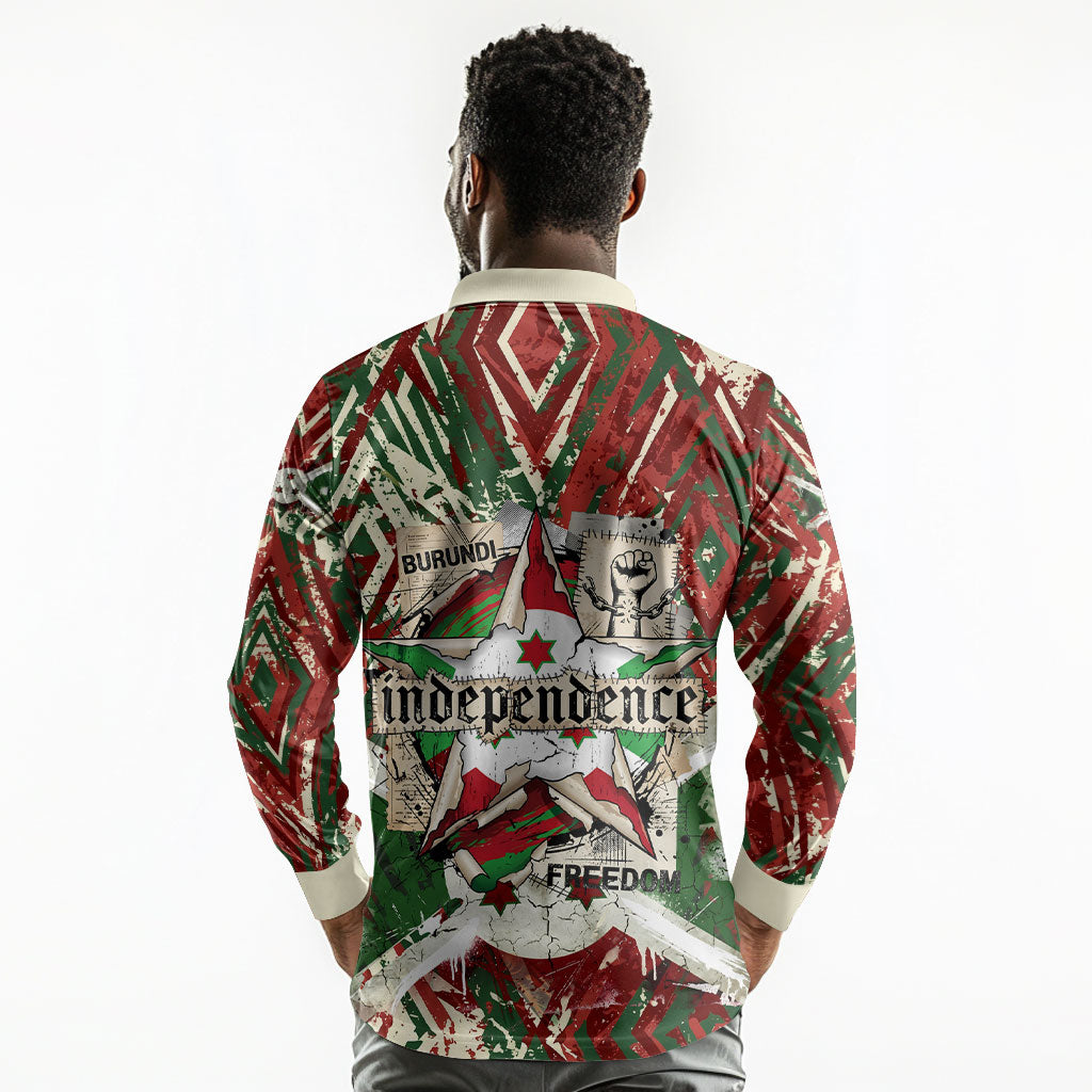 Burundi Independence Day Long Sleeve Polo Shirt 1st July 1962 Distressed Grunge Flag Art - Broken Chains And Freedom Star