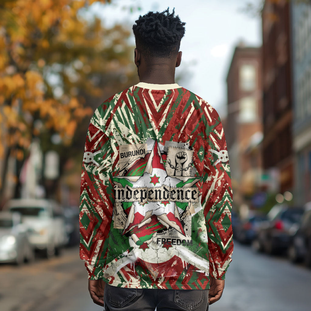 Burundi Independence Day Long Sleeve Shirt 1st July 1962 Distressed Grunge Flag Art - Broken Chains And Freedom Star