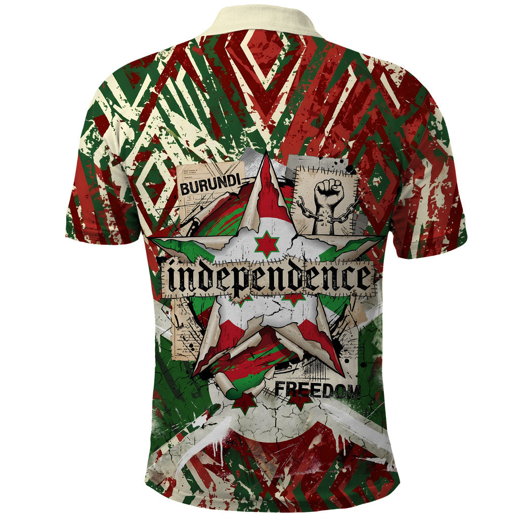 Burundi Independence Day Polo Shirt 1st July 1962 Distressed Grunge Flag Art - Broken Chains And Freedom Star