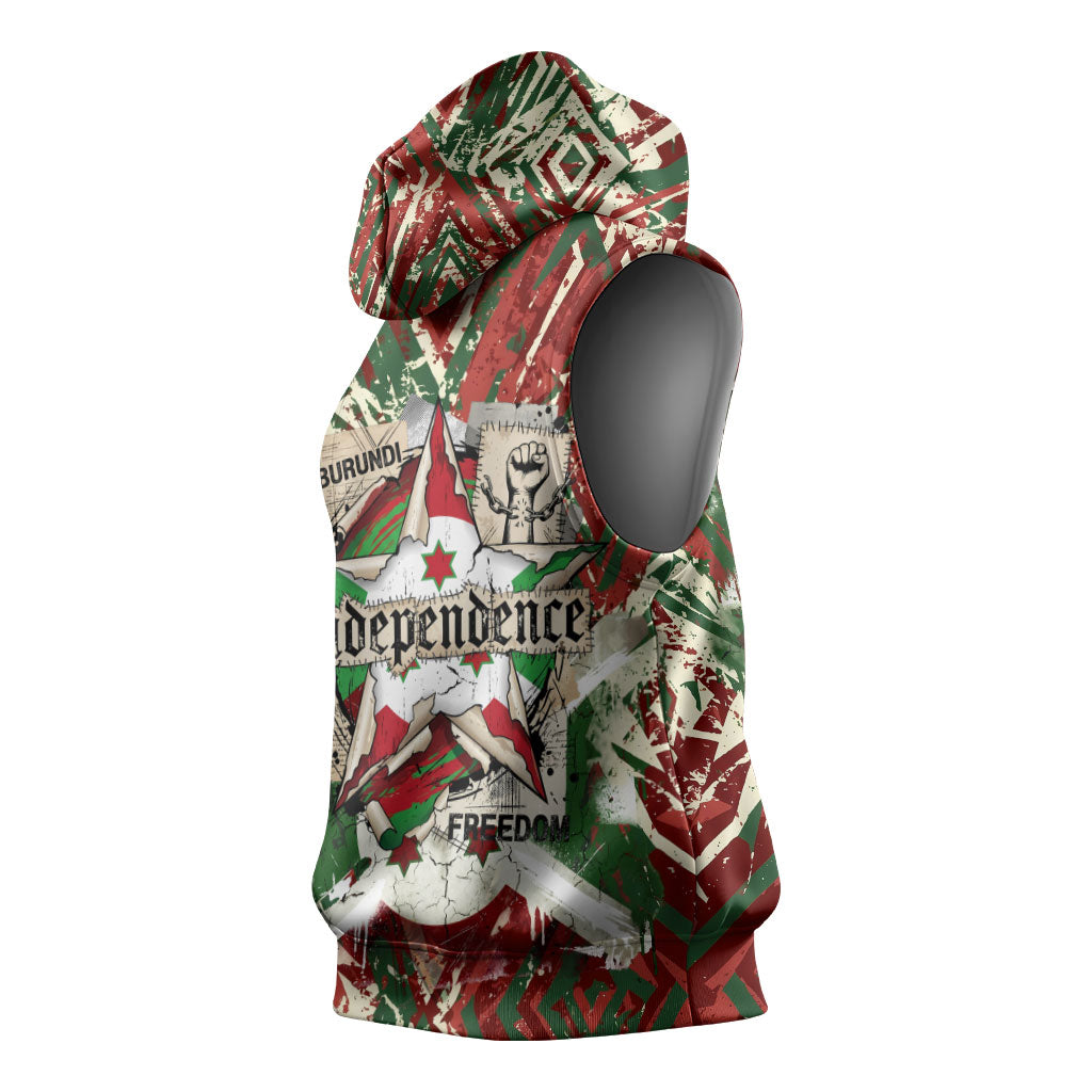 Burundi Independence Day Sleeveless Hoodie 1st July 1962 Distressed Grunge Flag Art - Broken Chains And Freedom Star