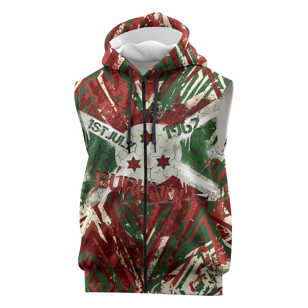 Burundi Independence Day Sleeveless Zip Hoodie 1st July 1962 Distressed Grunge Flag Art - Broken Chains And Freedom Star