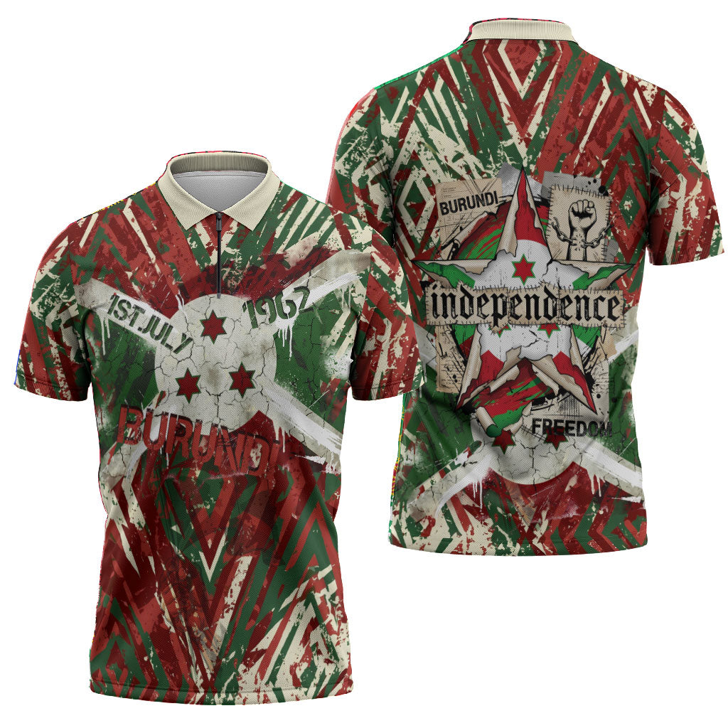 Burundi Independence Day Zipper Polo Shirt 1st July 1962 Distressed Grunge Flag Art - Broken Chains And Freedom Star