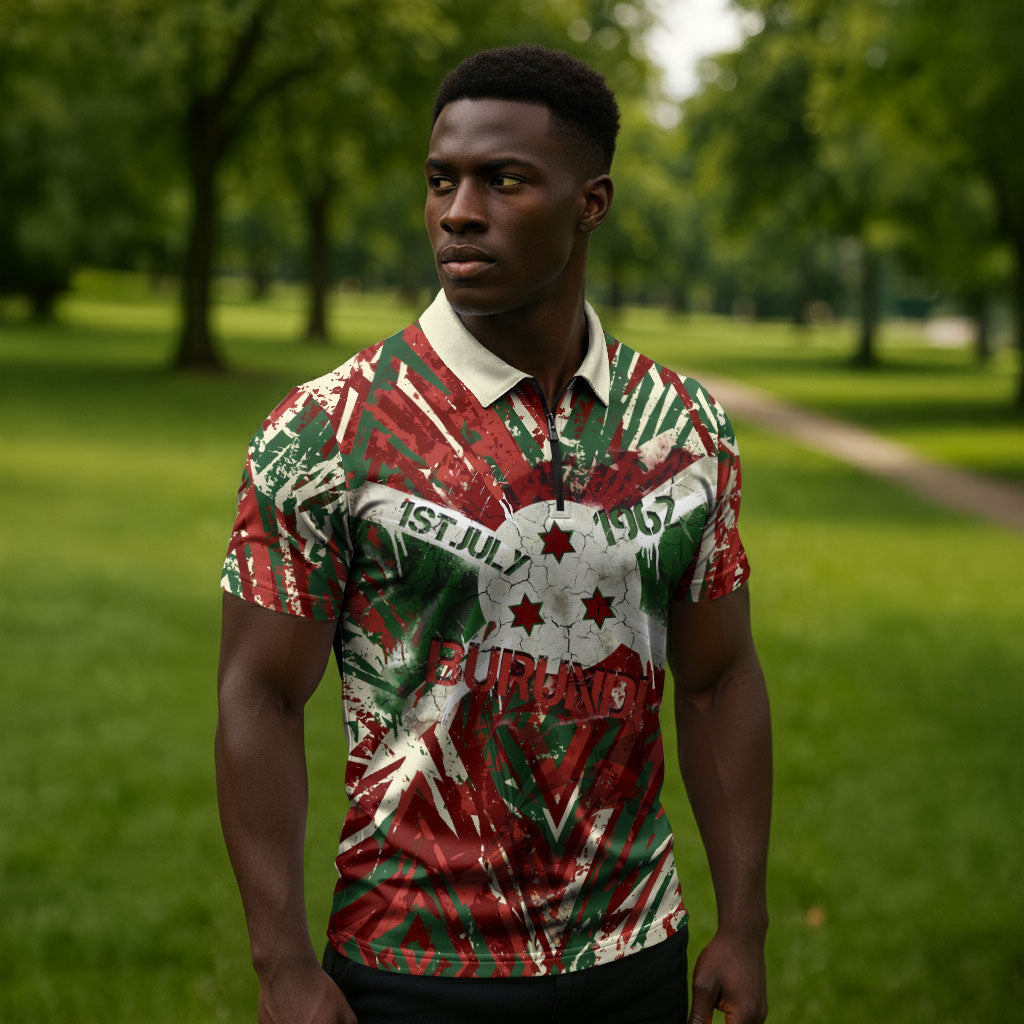 Burundi Independence Day Zipper Polo Shirt 1st July 1962 Distressed Grunge Flag Art - Broken Chains And Freedom Star