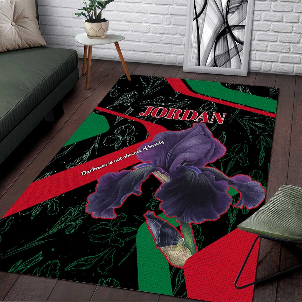 Jordan Black Iris Area Rug with Flag Colors and Cultural Quote