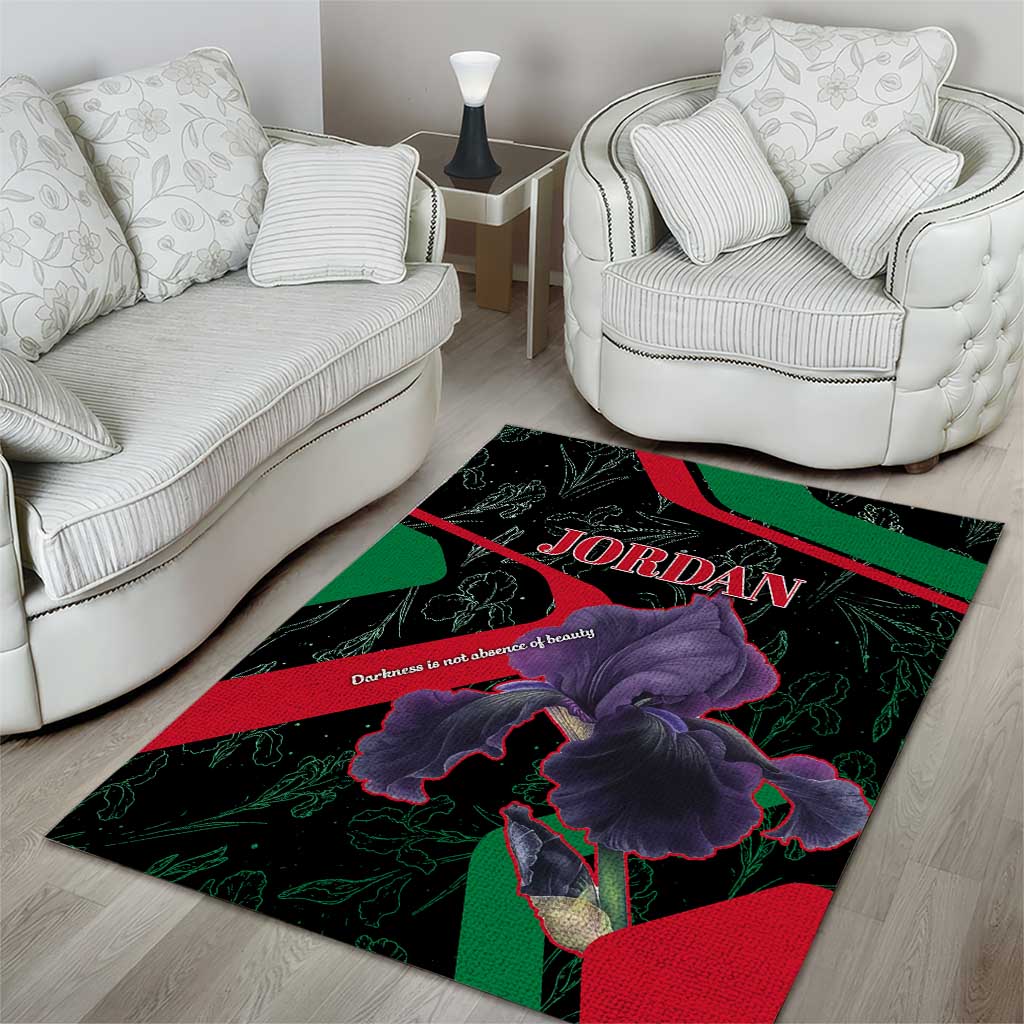 Jordan Black Iris Area Rug with Flag Colors and Cultural Quote