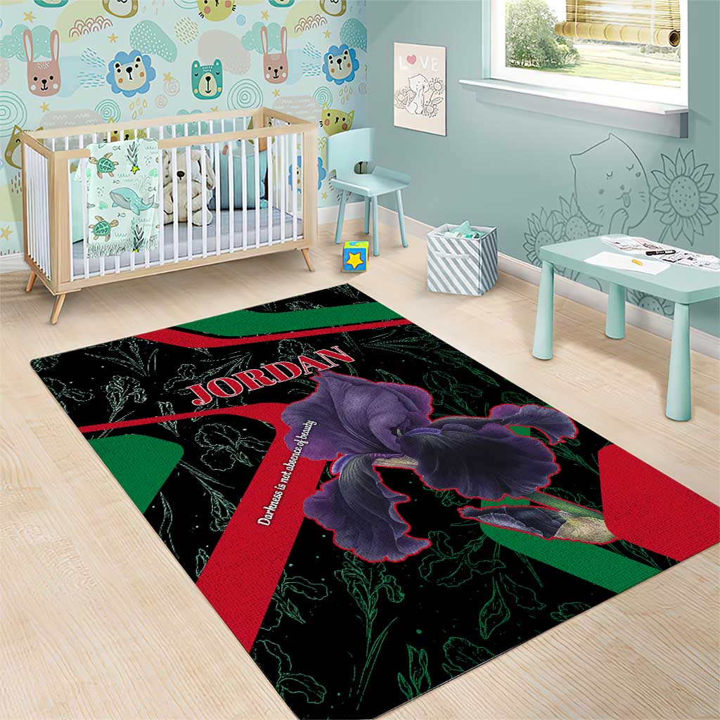 Jordan Black Iris Area Rug with Flag Colors and Cultural Quote