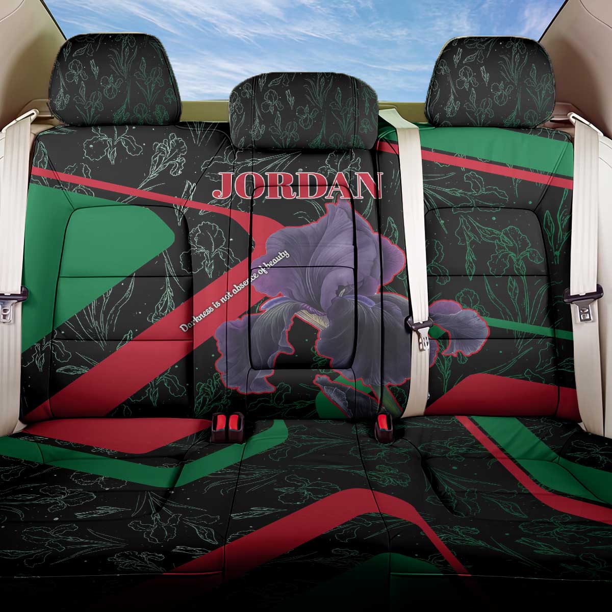 Jordan Black Iris Back Car Seat Cover with Flag Colors and Cultural Quote