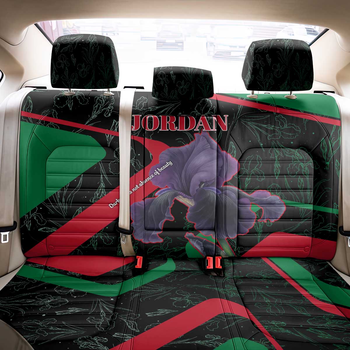 Jordan Black Iris Back Car Seat Cover with Flag Colors and Cultural Quote