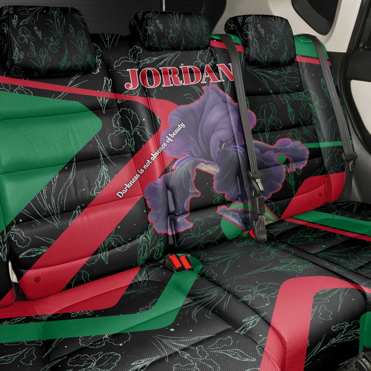 Jordan Black Iris Back Car Seat Cover with Flag Colors and Cultural Quote