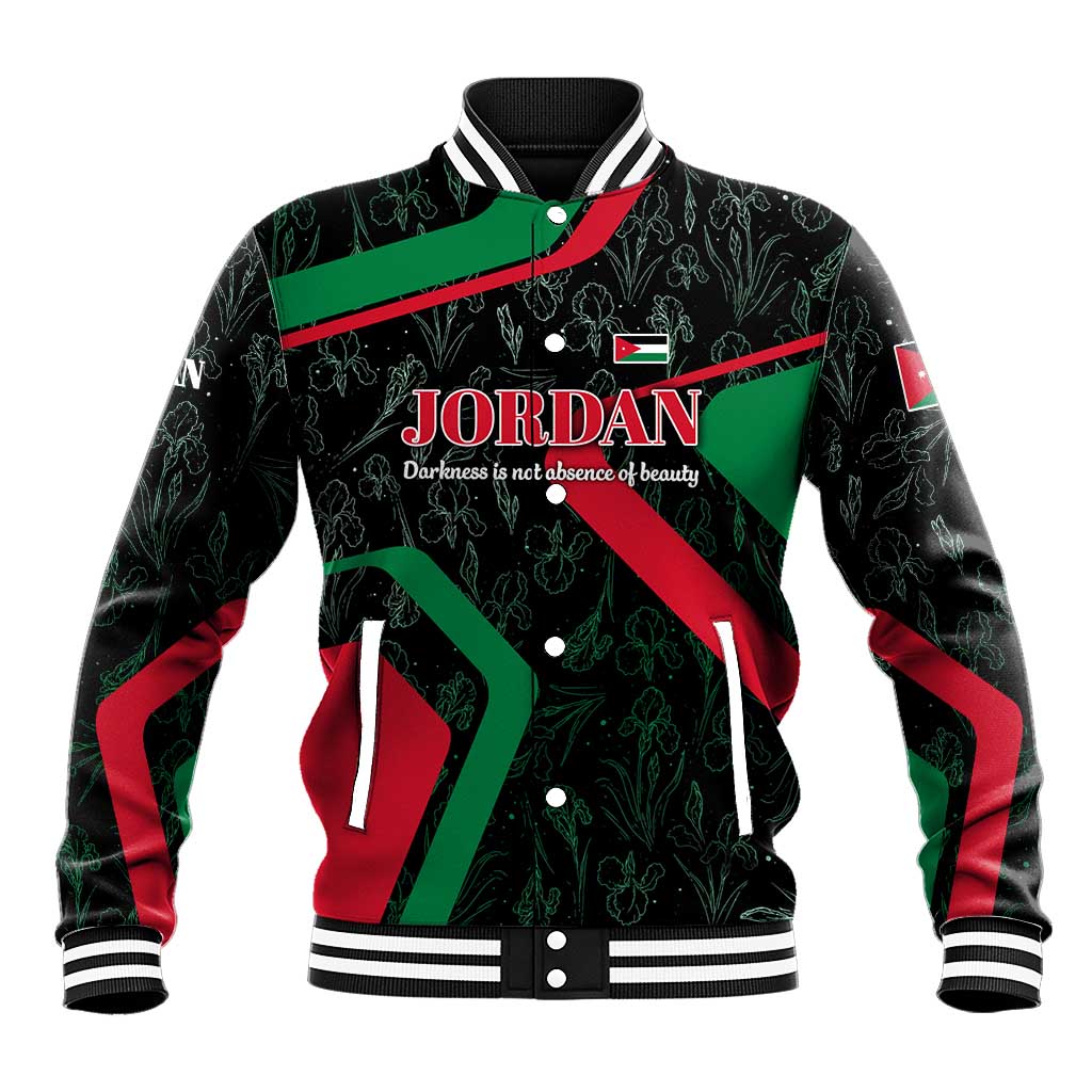 Jordan Black Iris Baseball Jacket with Flag Colors and Cultural Quote