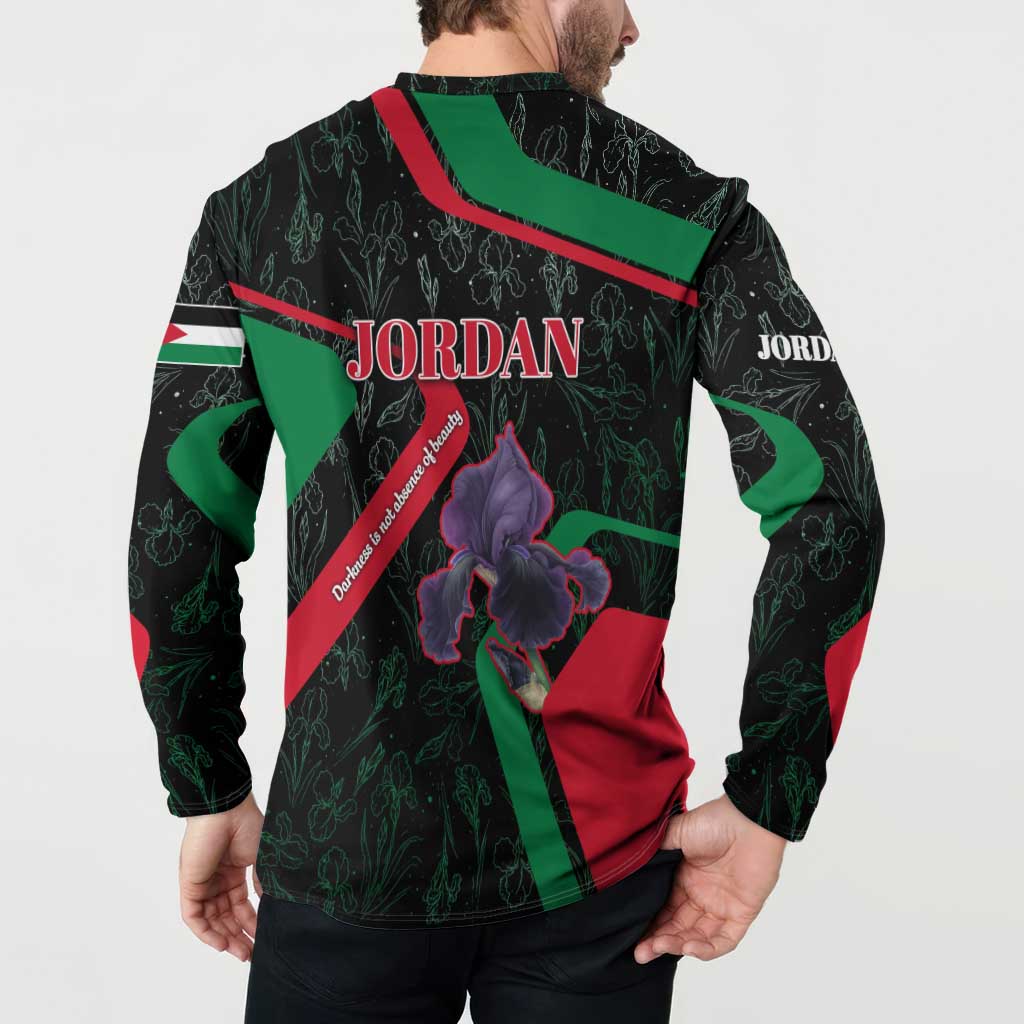 Jordan Black Iris Button Sweatshirt with Flag Colors and Cultural Quote