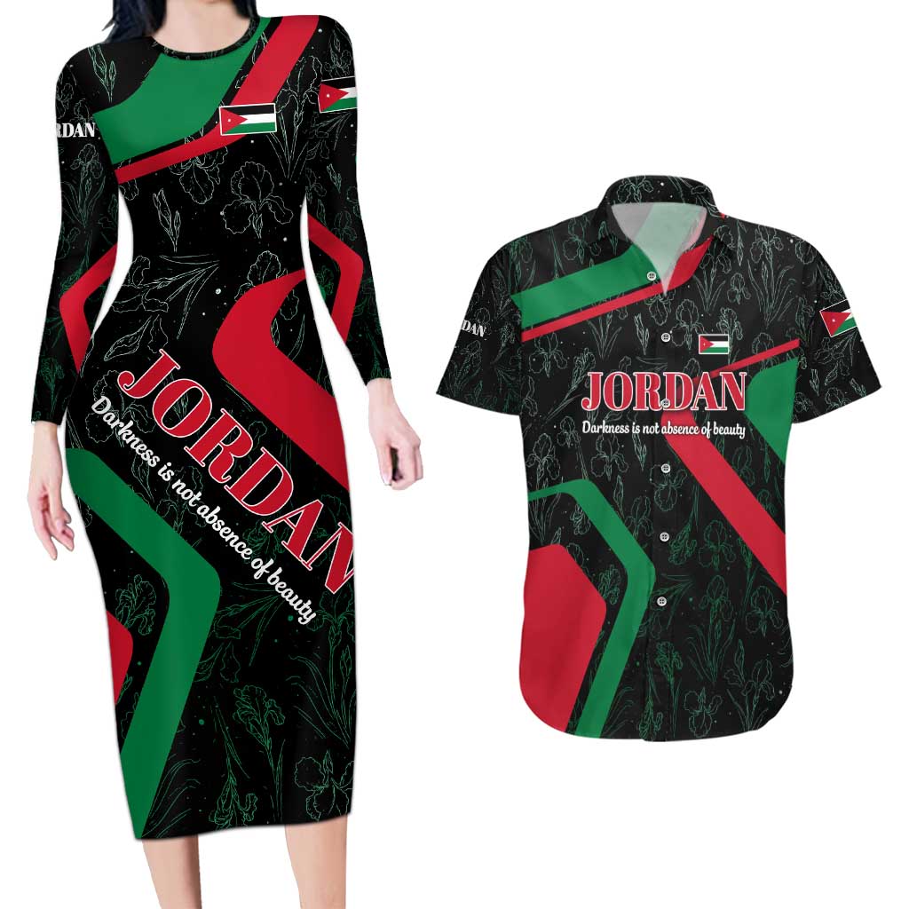 Jordan Black Iris Couples Matching Long Sleeve Bodycon Dress and Hawaiian Shirt with Flag Colors and Cultural Quote