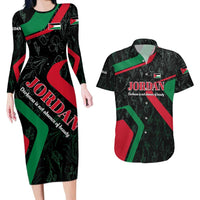 Jordan Black Iris Couples Matching Long Sleeve Bodycon Dress and Hawaiian Shirt with Flag Colors and Cultural Quote