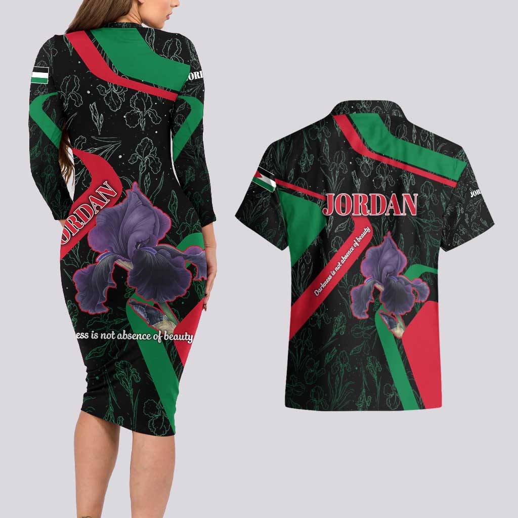 Jordan Black Iris Couples Matching Long Sleeve Bodycon Dress and Hawaiian Shirt with Flag Colors and Cultural Quote