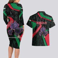 Jordan Black Iris Couples Matching Long Sleeve Bodycon Dress and Hawaiian Shirt with Flag Colors and Cultural Quote