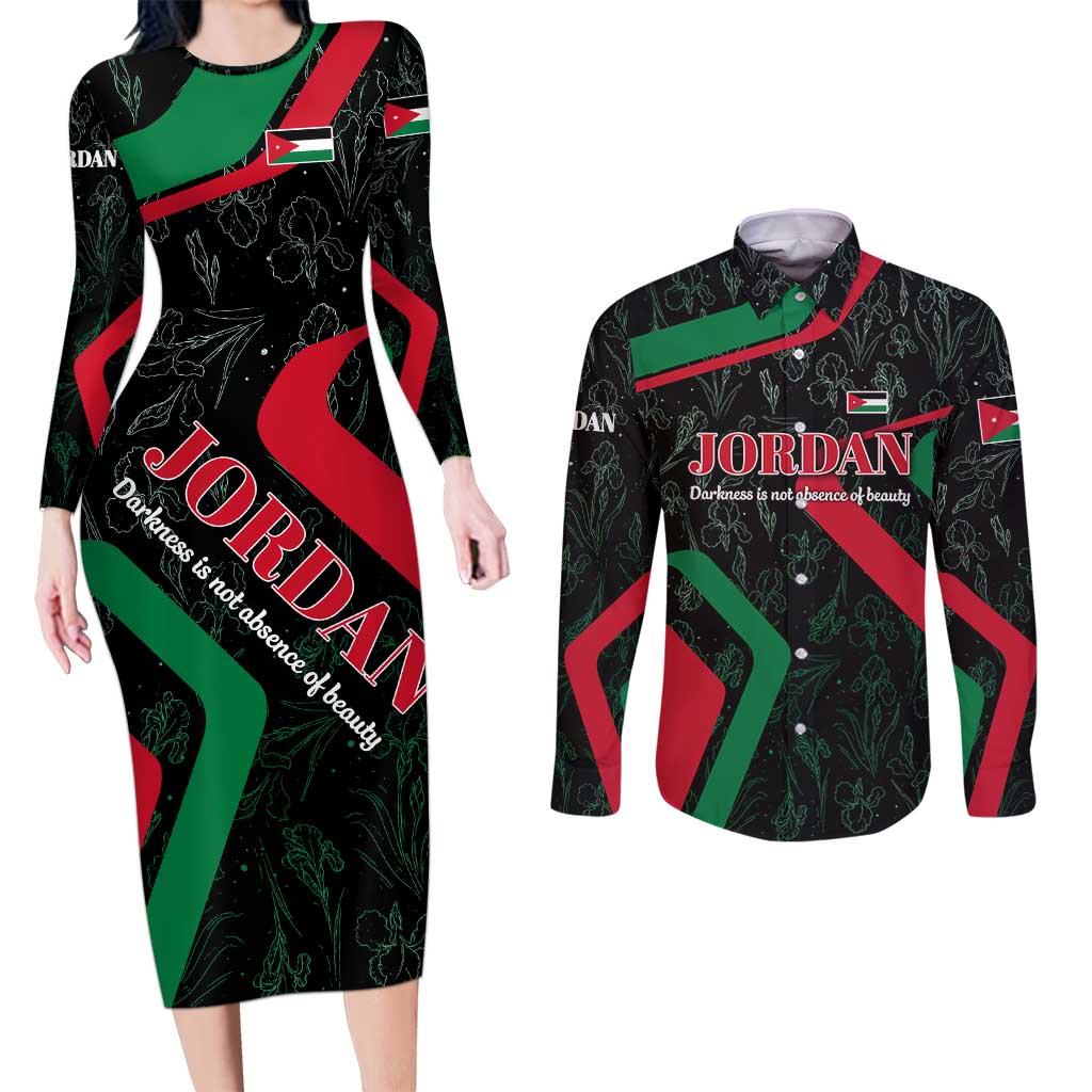 Jordan Black Iris Couples Matching Long Sleeve Bodycon Dress and Long Sleeve Button Shirt with Flag Colors and Cultural Quote