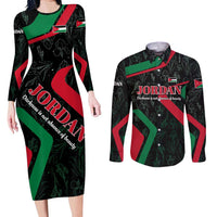 Jordan Black Iris Couples Matching Long Sleeve Bodycon Dress and Long Sleeve Button Shirt with Flag Colors and Cultural Quote