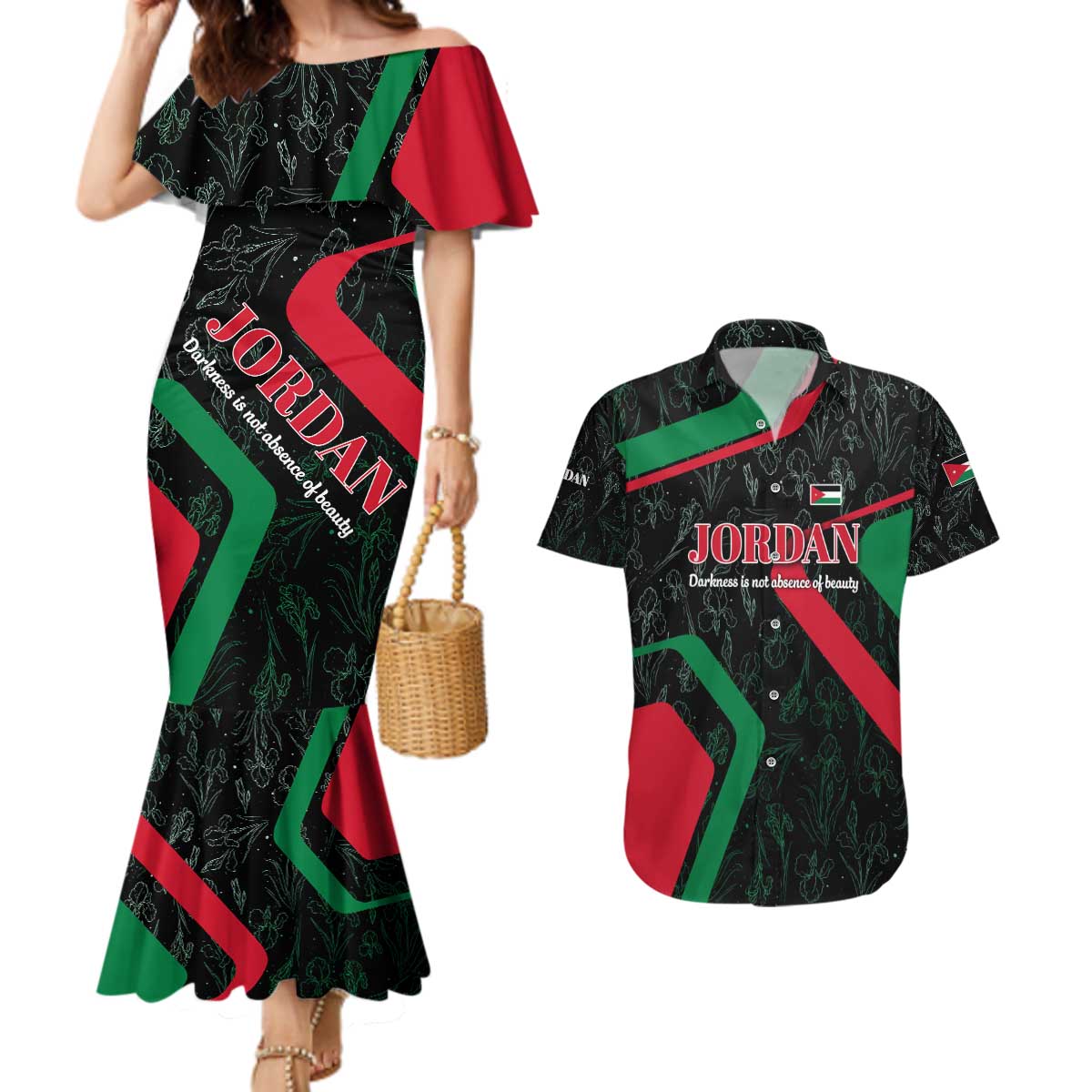 Jordan Black Iris Couples Matching Mermaid Dress and Hawaiian Shirt with Flag Colors and Cultural Quote