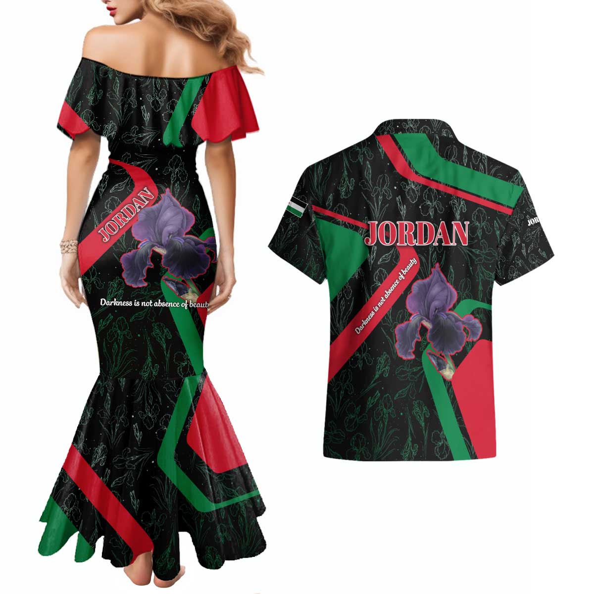 Jordan Black Iris Couples Matching Mermaid Dress and Hawaiian Shirt with Flag Colors and Cultural Quote