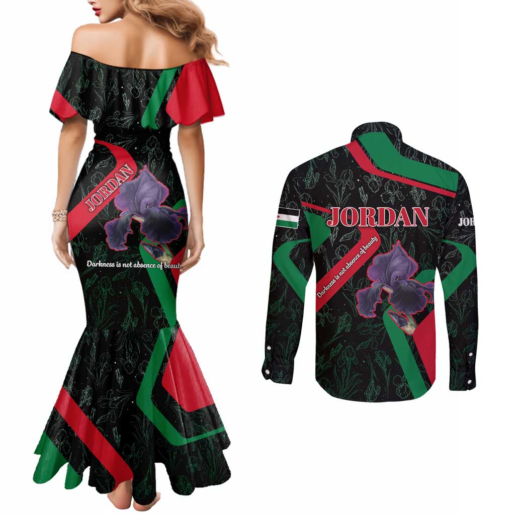 Jordan Black Iris Couples Matching Mermaid Dress and Long Sleeve Button Shirt with Flag Colors and Cultural Quote