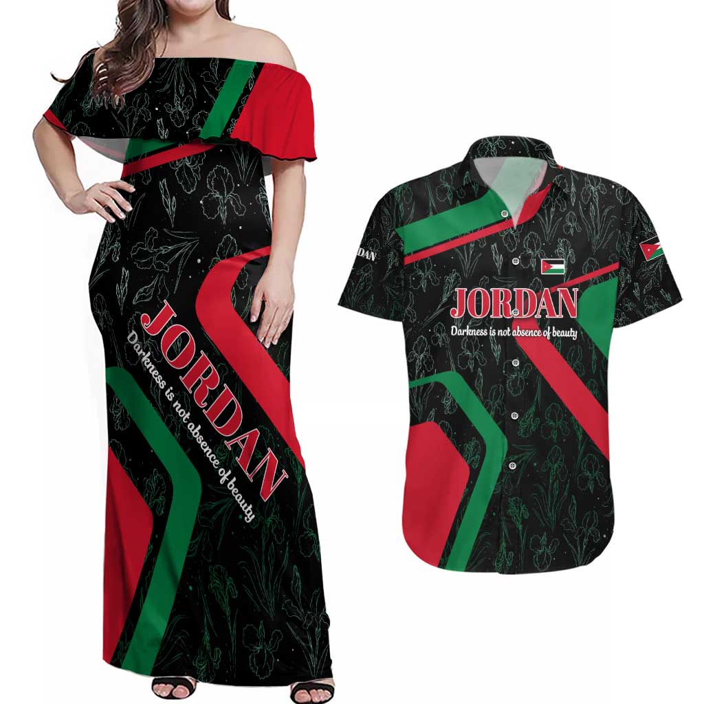 Jordan Black Iris Couples Matching Off Shoulder Maxi Dress and Hawaiian Shirt with Flag Colors and Cultural Quote