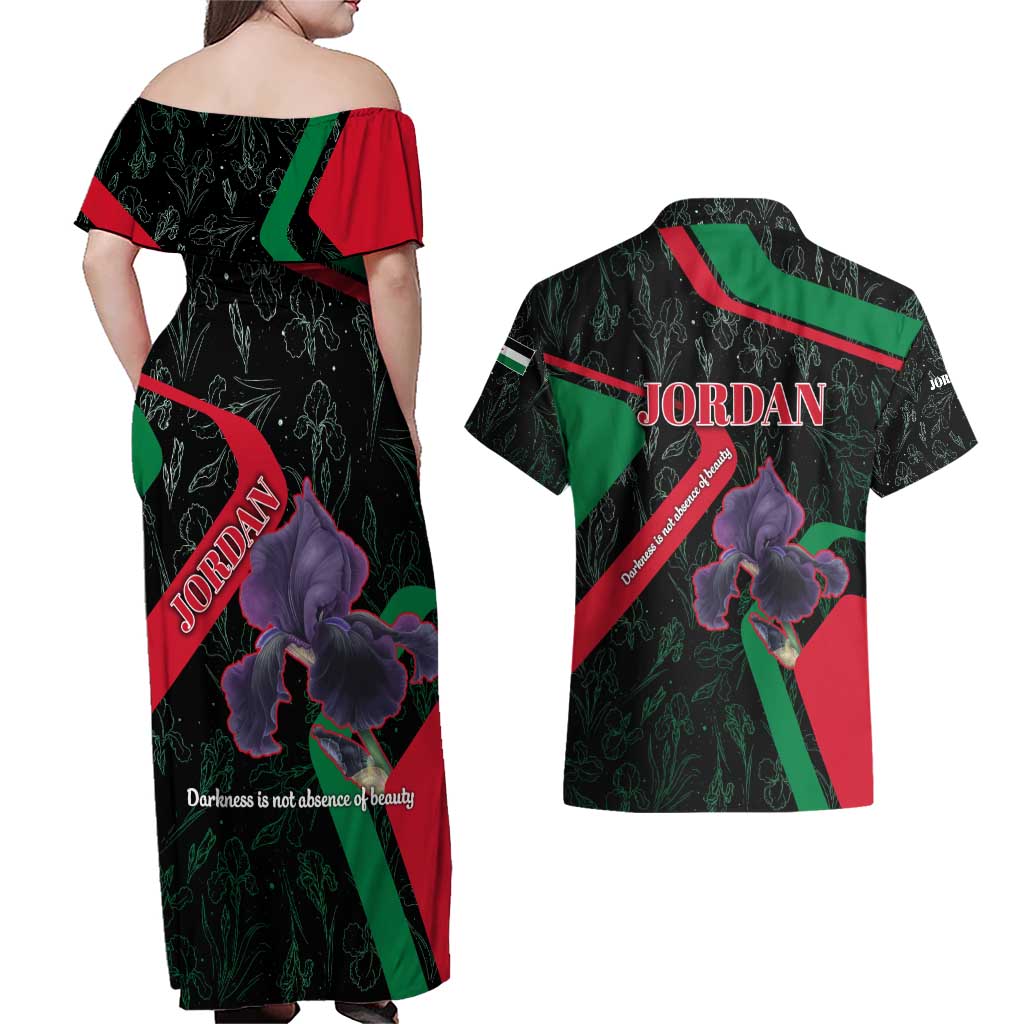 Jordan Black Iris Couples Matching Off Shoulder Maxi Dress and Hawaiian Shirt with Flag Colors and Cultural Quote