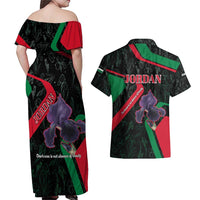 Jordan Black Iris Couples Matching Off Shoulder Maxi Dress and Hawaiian Shirt with Flag Colors and Cultural Quote
