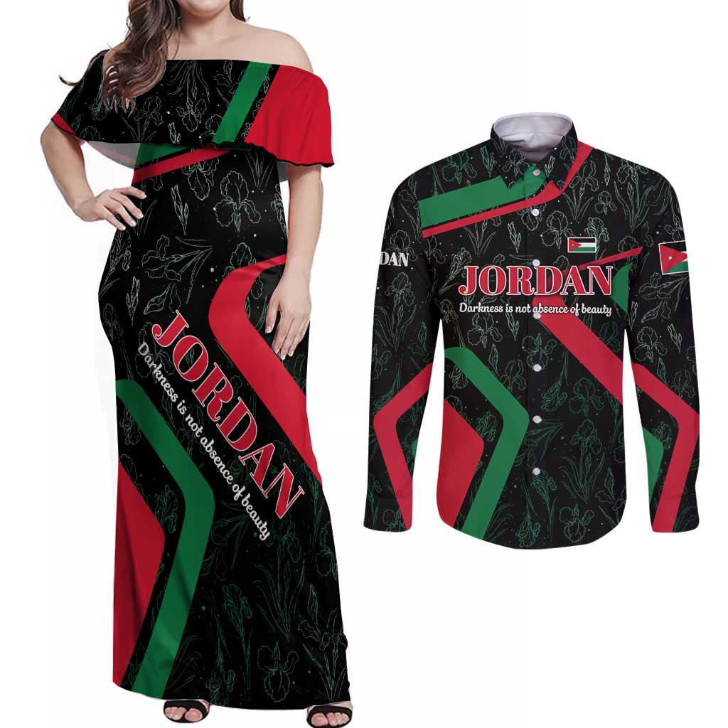Jordan Black Iris Couples Matching Off Shoulder Maxi Dress and Long Sleeve Button Shirt with Flag Colors and Cultural Quote
