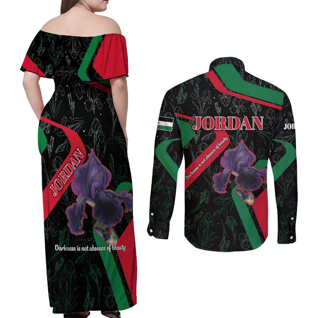 Jordan Black Iris Couples Matching Off Shoulder Maxi Dress and Long Sleeve Button Shirt with Flag Colors and Cultural Quote