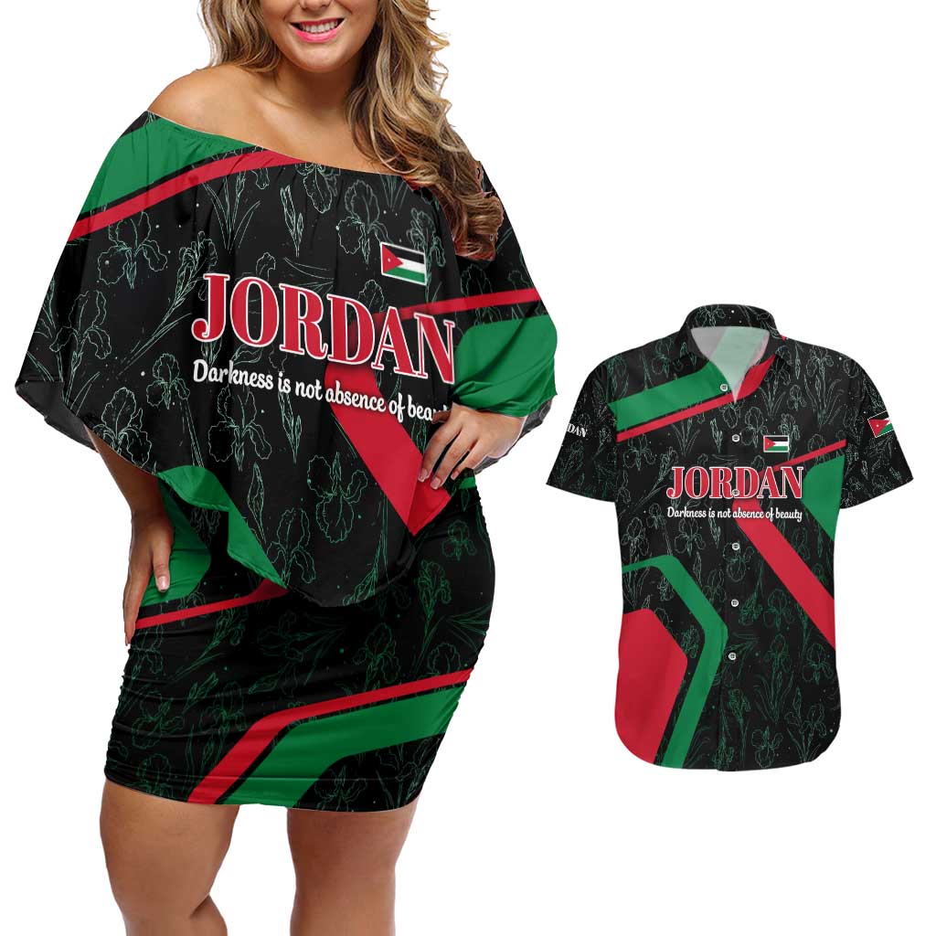 Jordan Black Iris Couples Matching Off Shoulder Short Dress and Hawaiian Shirt with Flag Colors and Cultural Quote