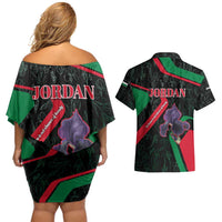 Jordan Black Iris Couples Matching Off Shoulder Short Dress and Hawaiian Shirt with Flag Colors and Cultural Quote