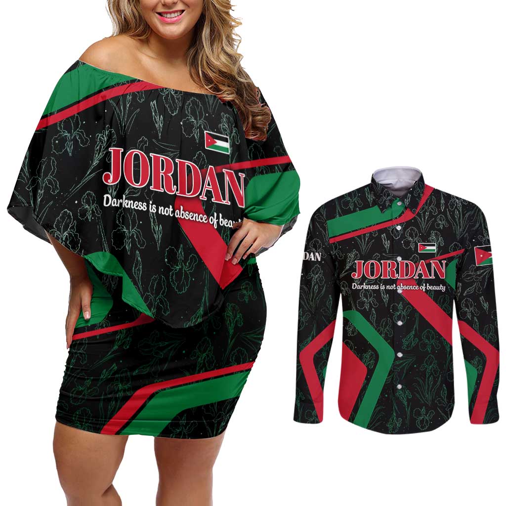 Jordan Black Iris Couples Matching Off Shoulder Short Dress and Long Sleeve Button Shirt with Flag Colors and Cultural Quote