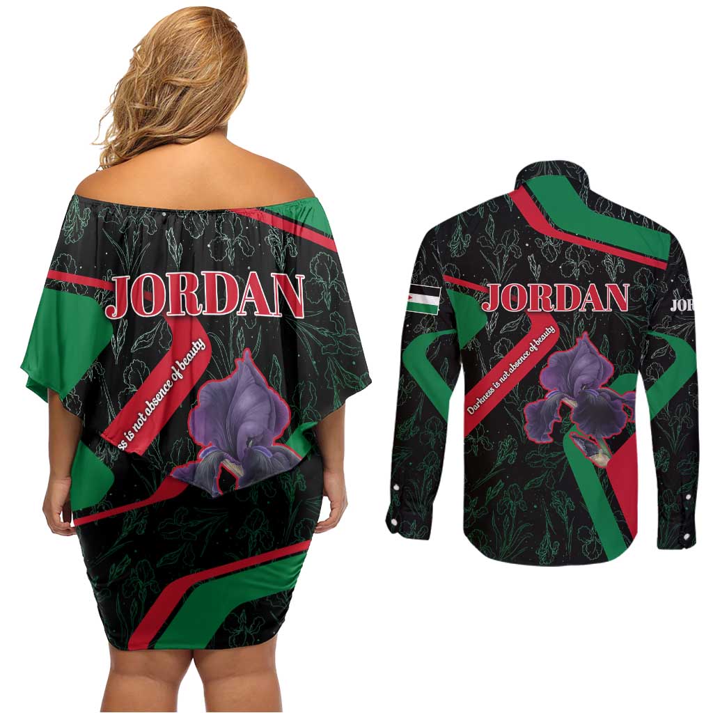 Jordan Black Iris Couples Matching Off Shoulder Short Dress and Long Sleeve Button Shirt with Flag Colors and Cultural Quote