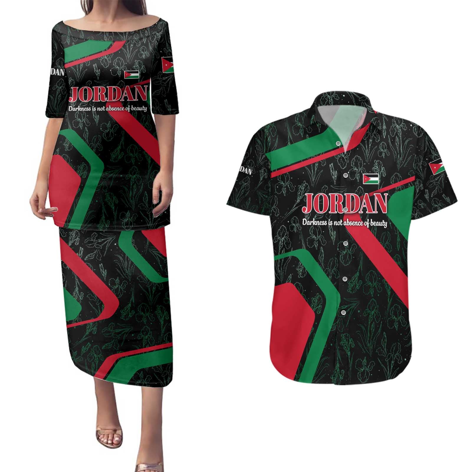 Jordan Black Iris Couples Matching Puletasi and Hawaiian Shirt with Flag Colors and Cultural Quote