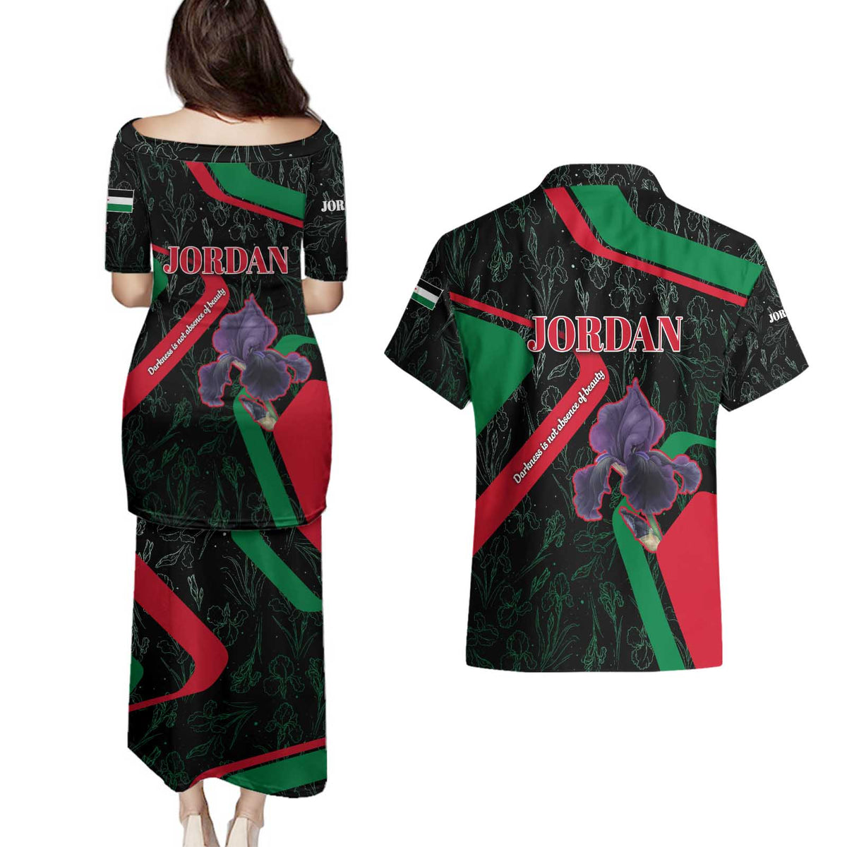 Jordan Black Iris Couples Matching Puletasi and Hawaiian Shirt with Flag Colors and Cultural Quote