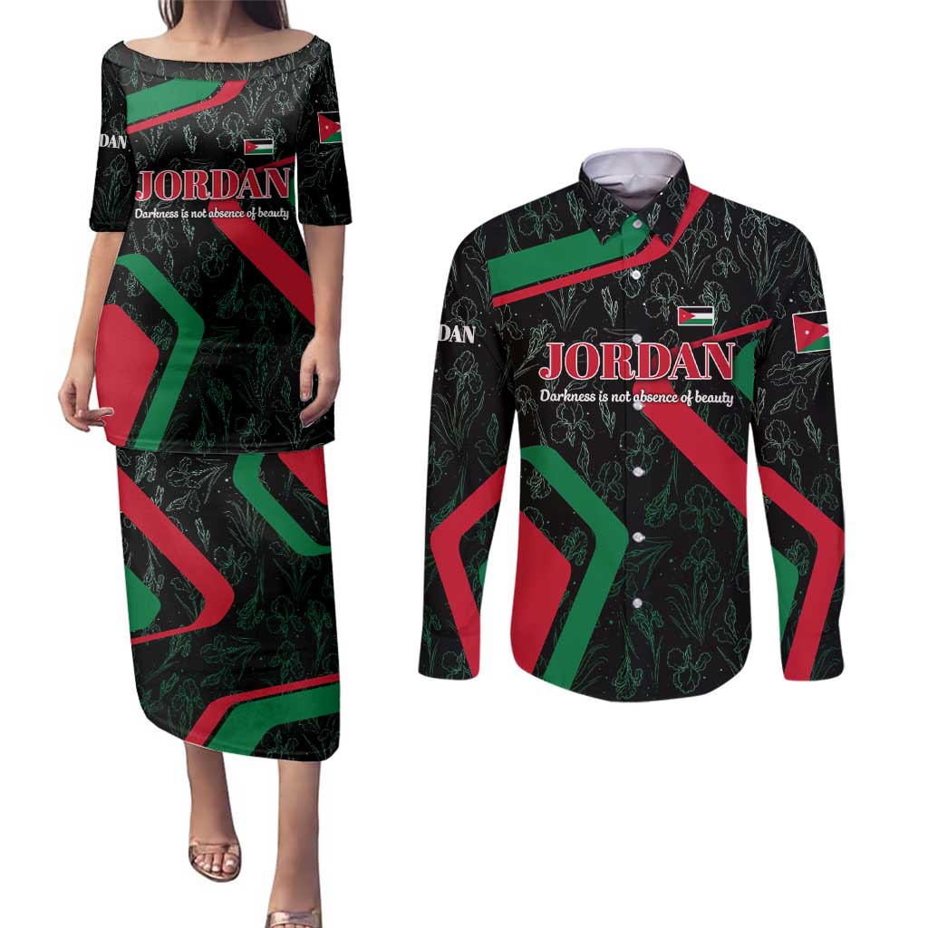 Jordan Black Iris Couples Matching Puletasi and Long Sleeve Button Shirt with Flag Colors and Cultural Quote