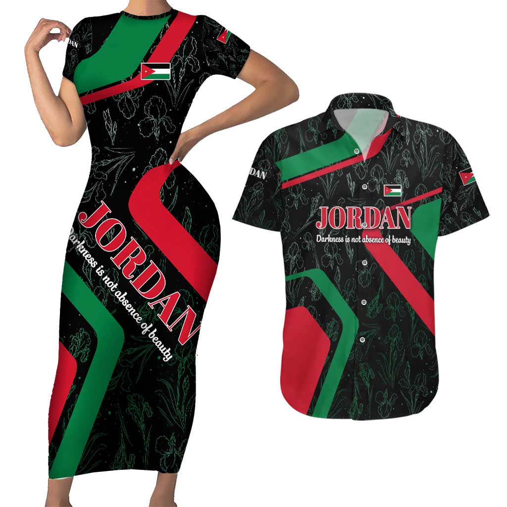Jordan Black Iris Couples Matching Short Sleeve Bodycon Dress and Hawaiian Shirt with Flag Colors and Cultural Quote