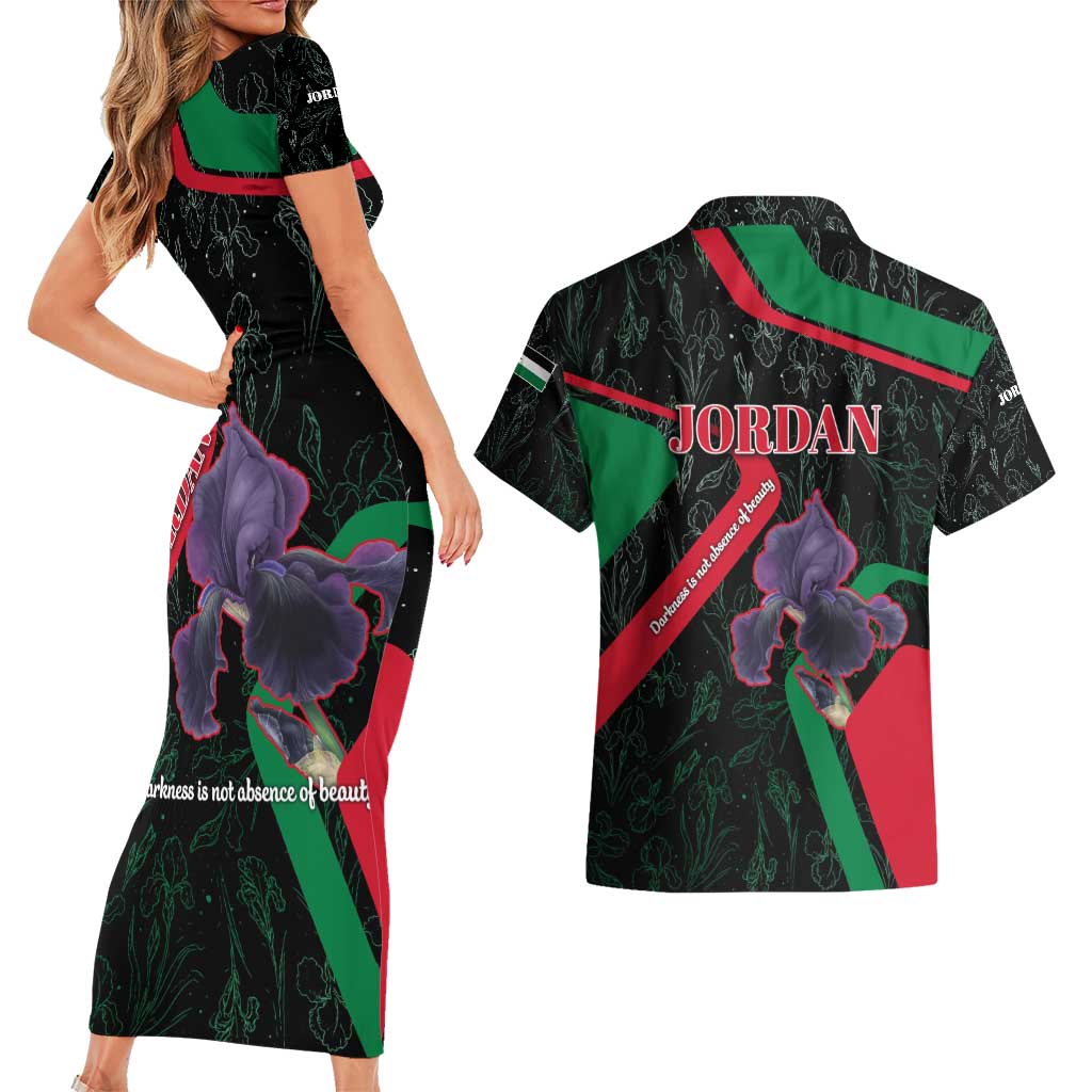 Jordan Black Iris Couples Matching Short Sleeve Bodycon Dress and Hawaiian Shirt with Flag Colors and Cultural Quote