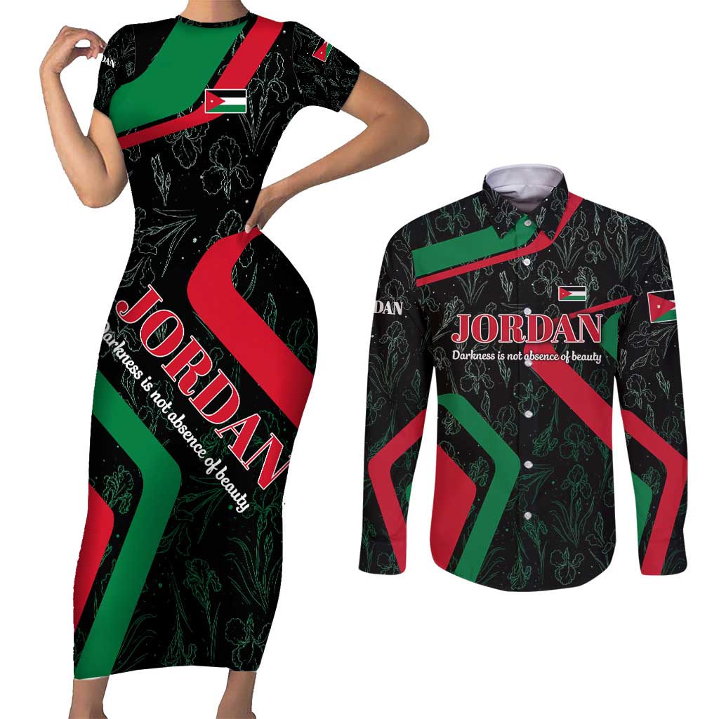 Jordan Black Iris Couples Matching Short Sleeve Bodycon Dress and Long Sleeve Button Shirt with Flag Colors and Cultural Quote