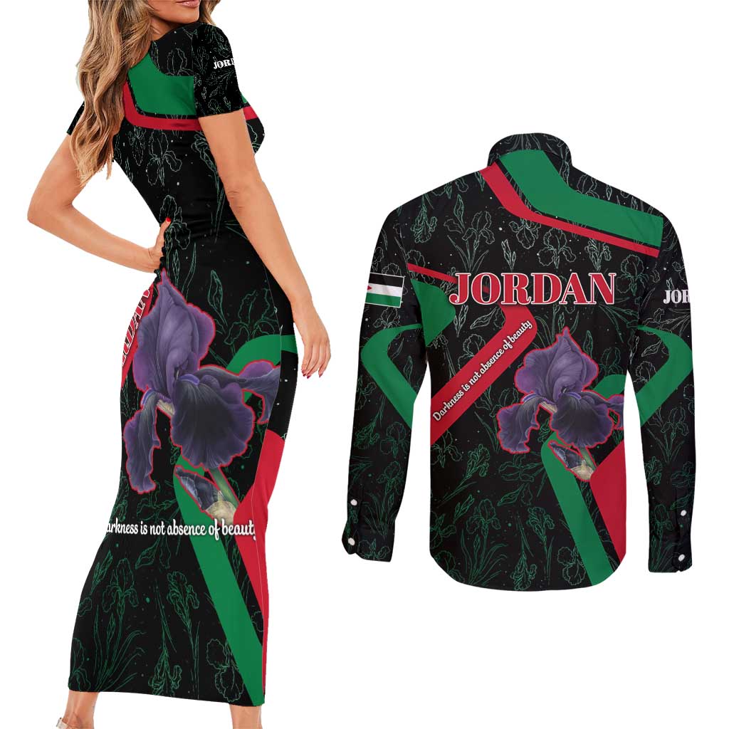 Jordan Black Iris Couples Matching Short Sleeve Bodycon Dress and Long Sleeve Button Shirt with Flag Colors and Cultural Quote