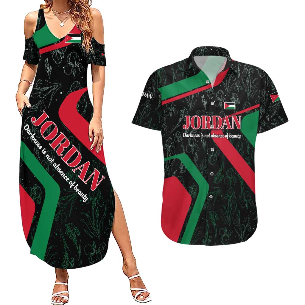 Jordan Black Iris Couples Matching Summer Maxi Dress and Hawaiian Shirt with Flag Colors and Cultural Quote